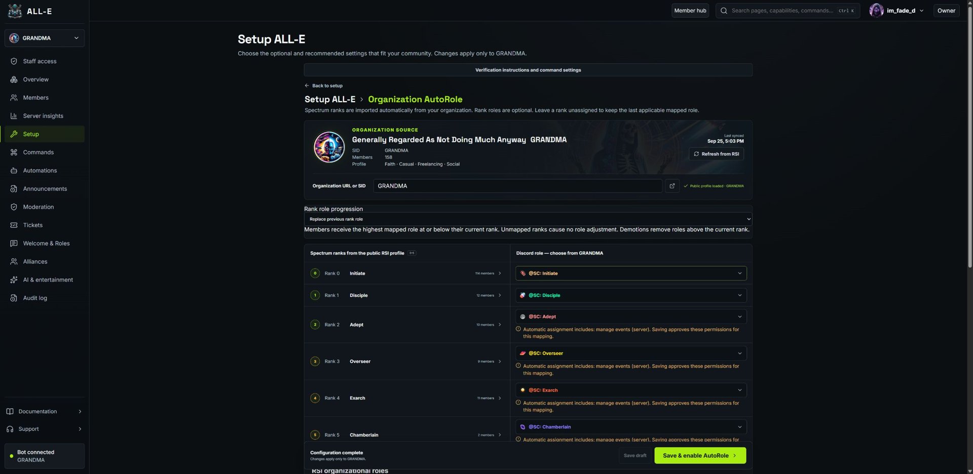 GRANDMA’s actual Organization AutoRole configuration in ALL-E, showing RSI-to-Discord role mappings